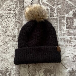 Black Knit Hat with Fur Pom
